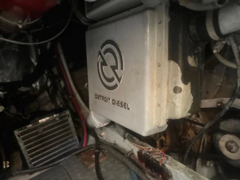 Slide: The Image of Engine room of 1993 Bertram 37 Convertible with Detroit Diesel components. - 23