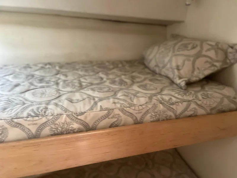 Slide: The Image of Cozy bunk bed with patterned bedding in a 1993 Bertram 37 Convertible yacht. - 35
