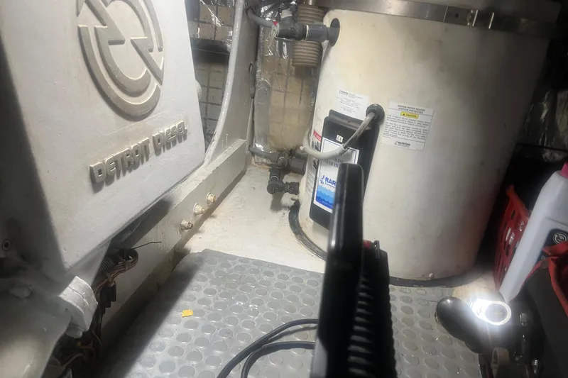 Slide: The Image of Engine room of 1993 Bertram 37 Convertible with Detroit Diesel components. - 44