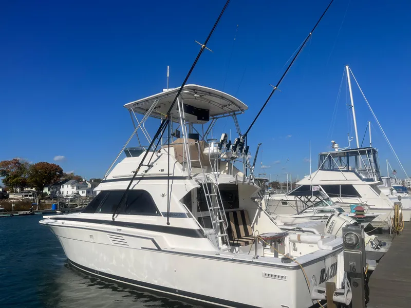 Slide: The Image of 1993 Bertram 37 Convertible yacht docked at marina under clear blue sky. - 7