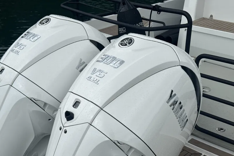 Slide: The Image of Twin Yamaha 300 V6 outboard engines on a 2025 Sargo 31OB boat. - 20