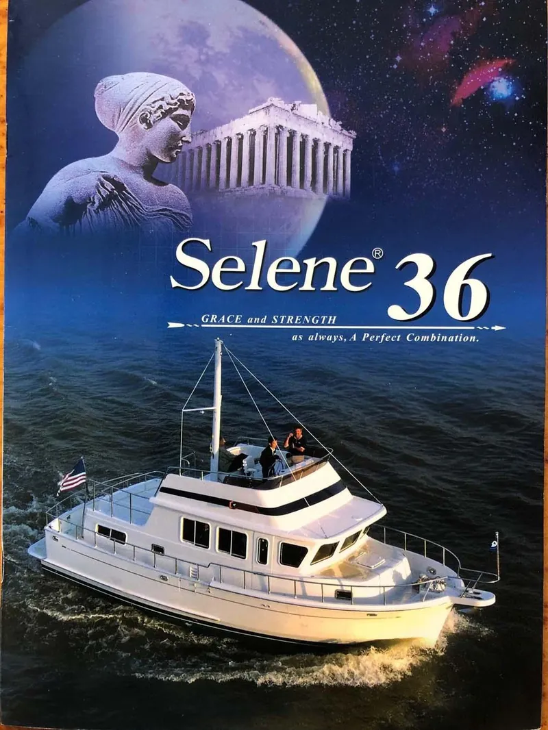 Slide: The Image of Selene 36 Trawler 2004 brochure featuring a boat with Greek mythology theme. - 45
