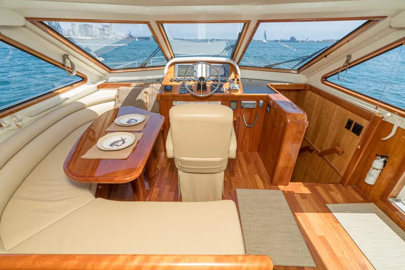 Slide: The Image of 2008 Navigator 62 Pilothouse interior with helm, dining area, and panoramic ocean views. - 38