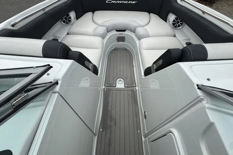 Slide: The Image of 2020 Crownline Eclipse E255 boat interior with sleek seating and modern design. - 9