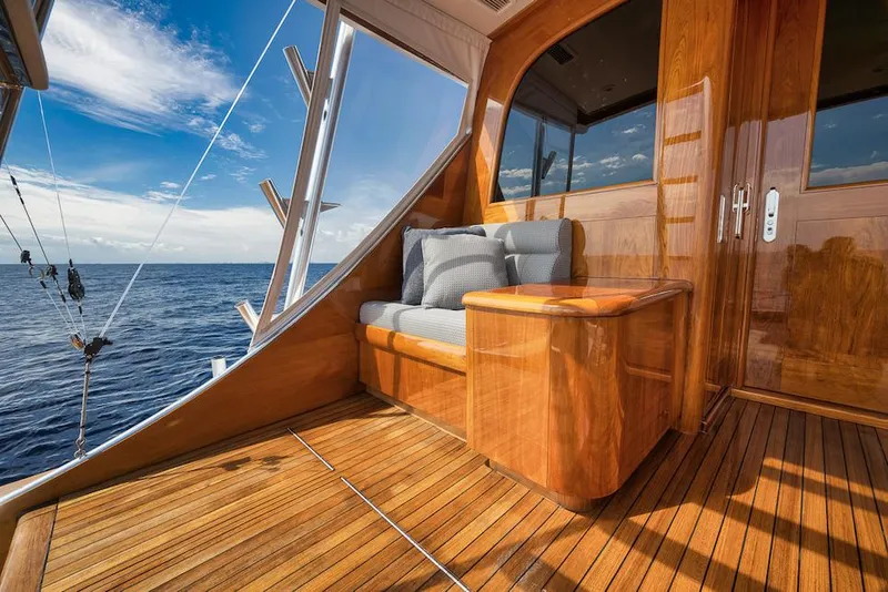 Slide: The Image of Luxurious 2016 Merritt 86' Enclosed Flybridge yacht with wooden deck and ocean view. - 17