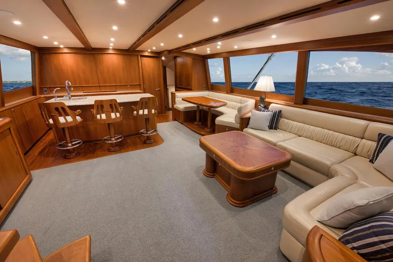 Slide: The Image of Luxurious interior of 2016 Merritt 86' Enclosed Flybridge yacht with elegant wood finishes. - 36