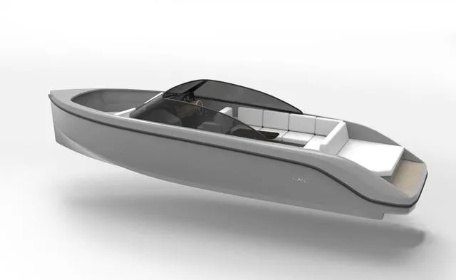 Slide: The Image of 2024 Rand Supreme 27 boat, sleek design, modern interior, gray exterior. - 1
