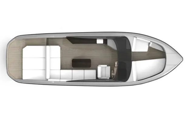 Slide: The Image of Top view of 2024 Rand Supreme 27 boat interior layout with seating and helm. - 7