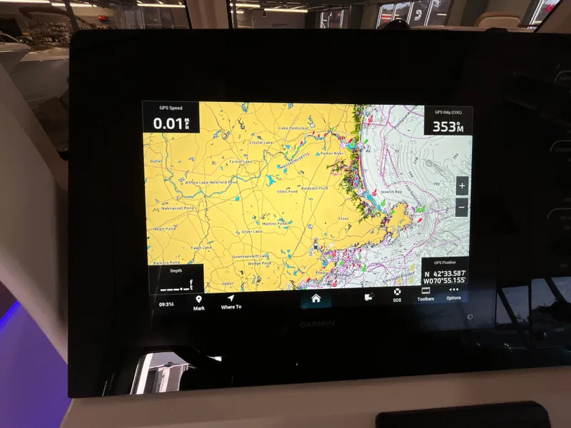Slide: The Image of Navigation display on 2025 Scout 240 XSF boat showing detailed marine map. - 17