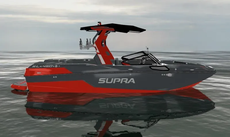 The Image of 2025 Supra SL450 boat on calm water, featuring sleek design and modern features. - 0