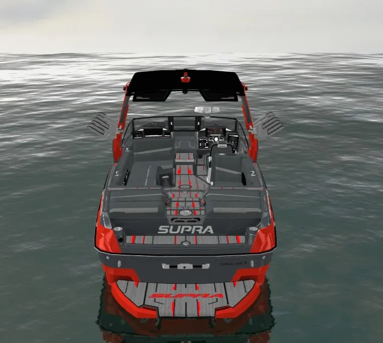 Slide: The Image of 2025 Supra SL450 boat on water, rear view, red and gray design. - 2