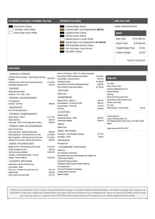 Slide: The Image of 2025 Axis T235 specifications and features sheet with pricing and options. - 23