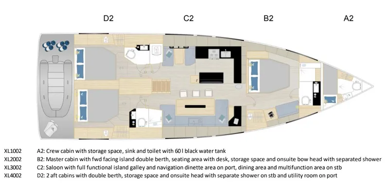 Slide: The Image of Floor plan of a 2025 Hanse 590 yacht, featuring cabins and amenities layout. - 15