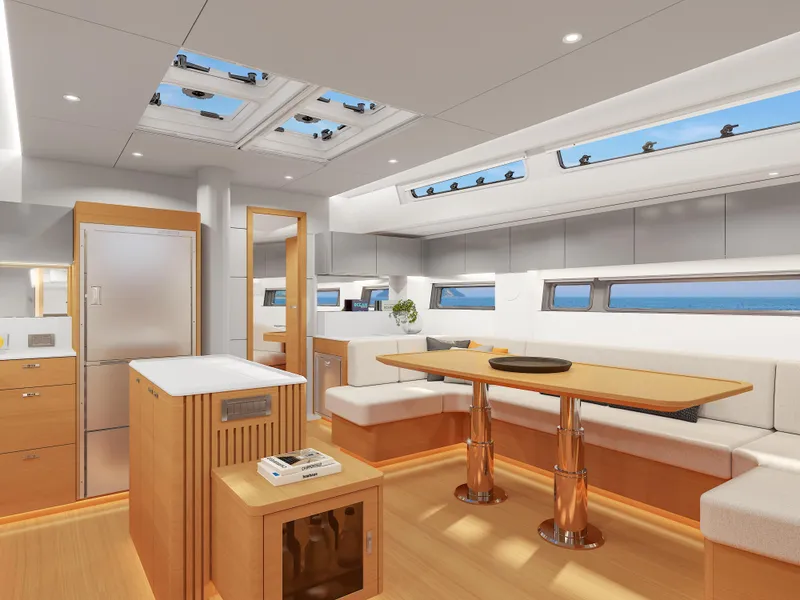 Slide: The Image of Luxurious interior of 2025 Hanse 590 yacht with modern design and skylights. - 25