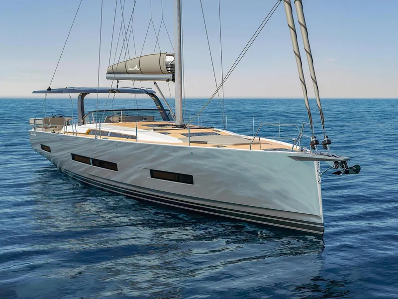 Slide: The Image of 2025 Hanse 590 yacht sailing on calm blue ocean waters. - 7