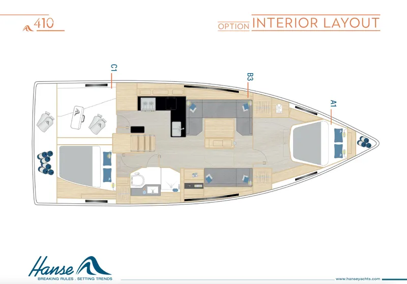 Slide: The Image of Interior layout of 2025 Hanse 410 yacht, featuring spacious cabins and modern amenities. - 30
