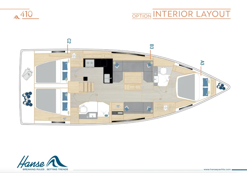 Slide: The Image of Interior layout of 2025 Hanse 410 yacht, featuring spacious cabins and modern amenities. - 33