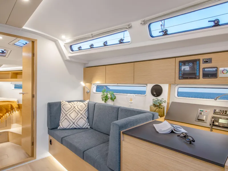 Slide: The Image of Luxurious interior of 2025 Hanse 410 yacht with modern furnishings and natural light. - 22