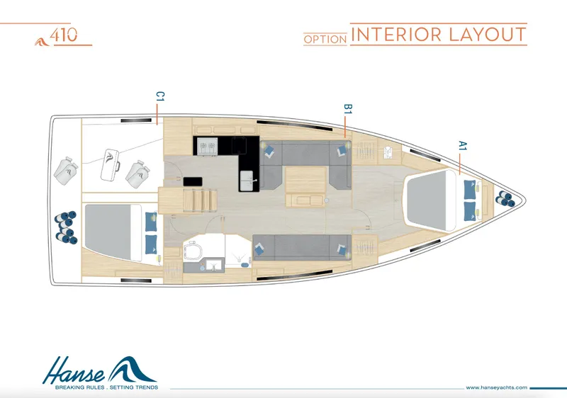 Slide: The Image of Interior layout of 2025 Hanse 410 yacht, showcasing cabin and living areas. - 29