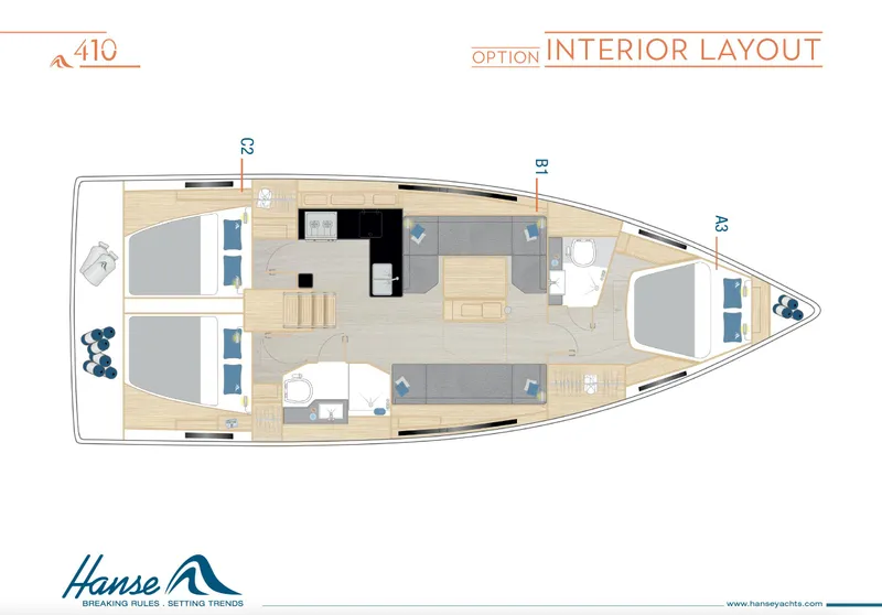 Slide: The Image of 2025 Hanse 410 yacht interior layout, featuring spacious cabins and modern amenities. - 31