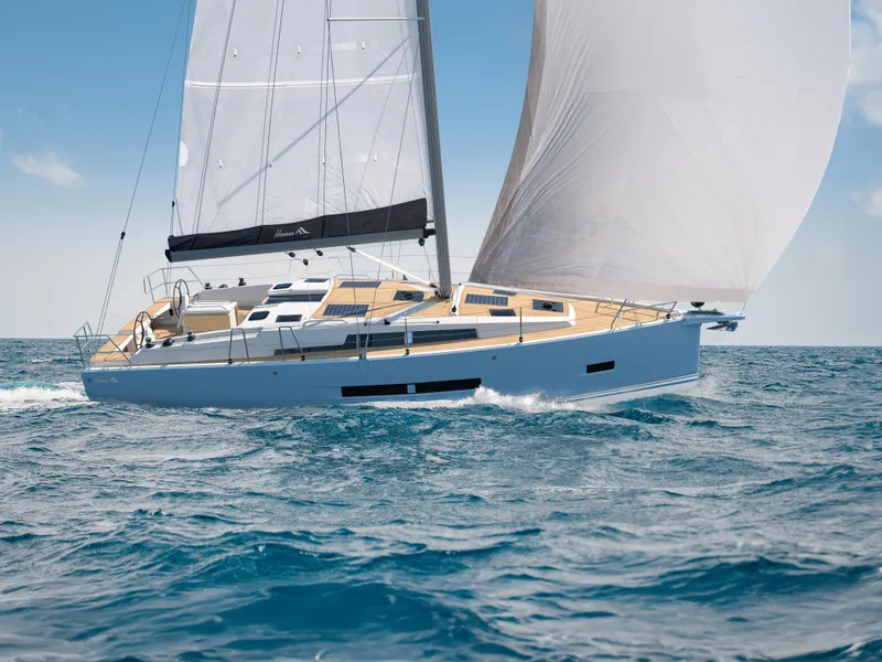 Slide: The Image of 2025 Hanse 360 sailboat navigating open sea under clear skies. - 14