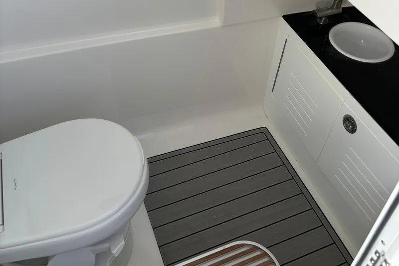 Slide: The Image of 2025 Sea Pro 292 DLX boat bathroom with toilet, sink, and striped flooring. - 20