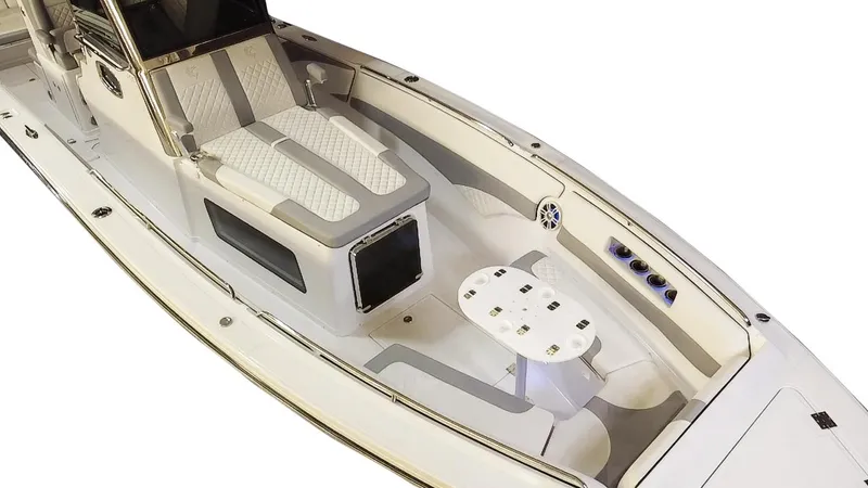 Slide: The Image of 2025 Marlago 37 SS boat interior with seating and table, showcasing luxury design features. - 5