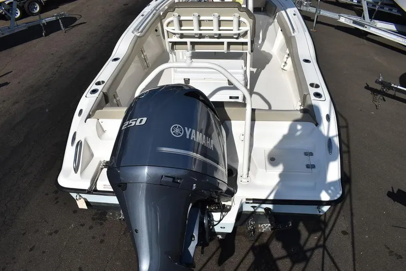 Slide: The Image of 2022 Key West 219fs boat with Yamaha 250 engine, rear view. - 9