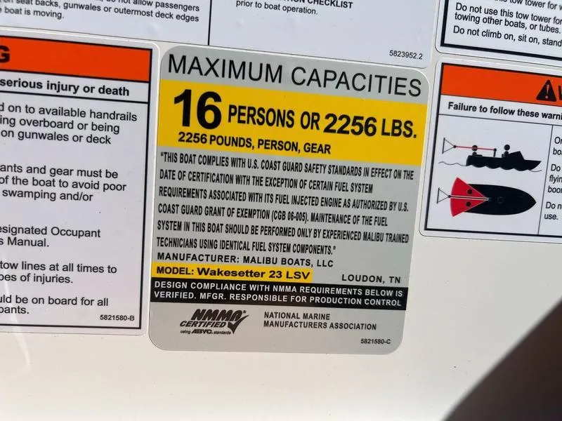 Slide: The Image of Maximum capacity label for 2025 Malibu 23 LSV, 16 persons or 2256 lbs. - 29
