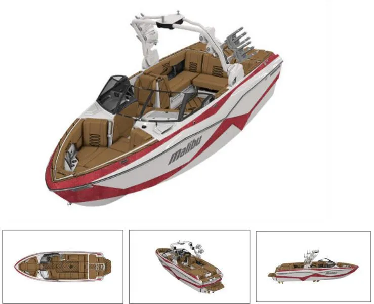 Slide: The Image of 2024 Malibu 25 LSV boat with red and white design, featuring luxurious interior. - 8