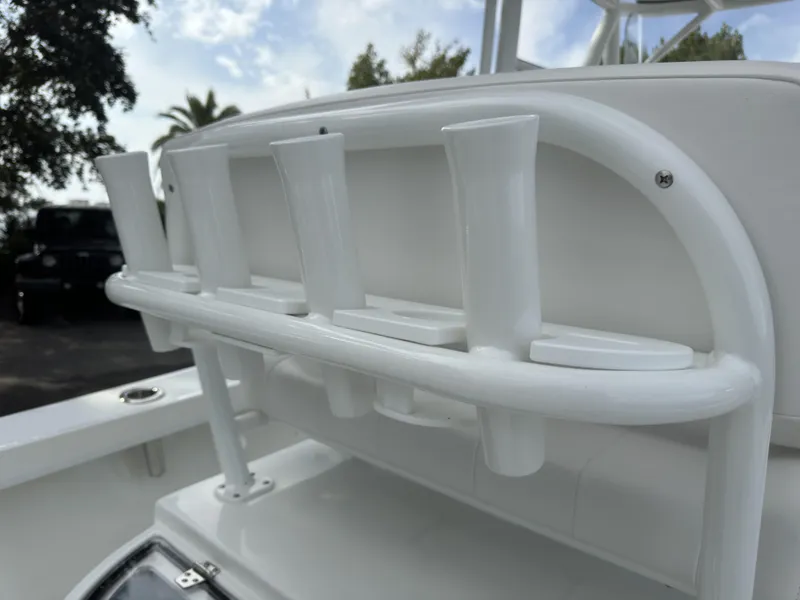 Slide: The Image of Pair Customs 24DV 2025 boat rod holders, white finish, outdoor setting. - 5