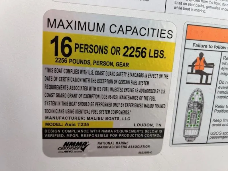 Slide: The Image of Axis T235 2024 boat capacity label: 16 persons or 2256 lbs, NMMA certified. - 23