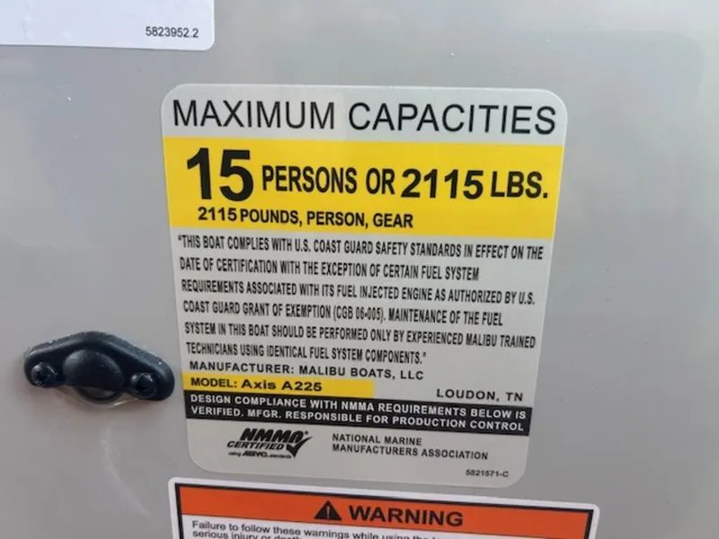 Slide: The Image of Axis A225 2025 boat capacity label: 15 persons or 2115 lbs, safety compliance details. - 20