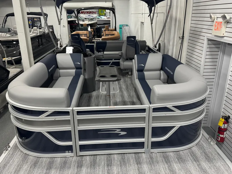 Slide: The Image of 2025 Bennington 22 SSB pontoon boat with spacious seating and modern design. - 4