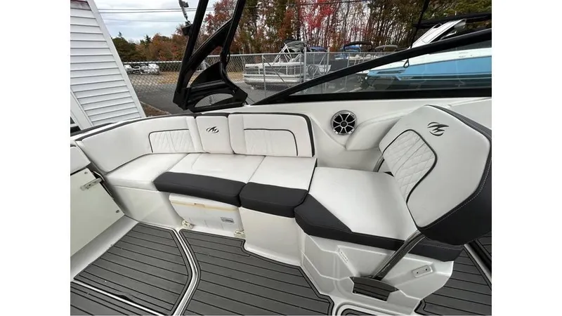 Slide: The Image of Luxury seating on 2018 Monterey M65 boat with sleek design and comfortable upholstery. - 9