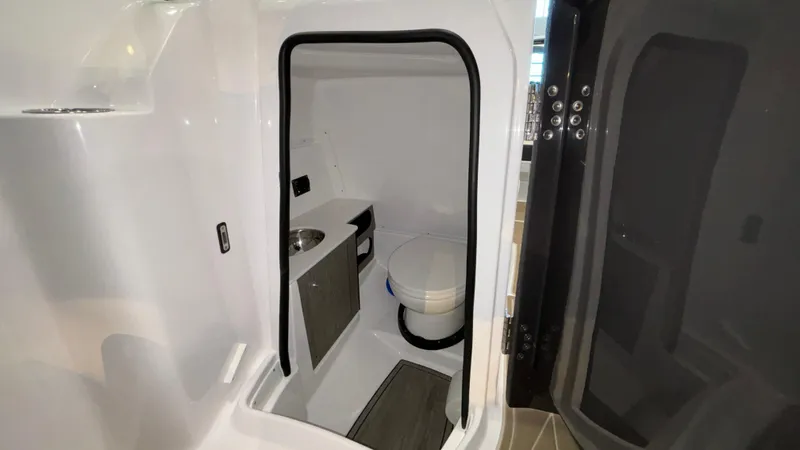 Slide: The Image of 2025 Monterey M65 boat interior bathroom with toilet and sink. - 22