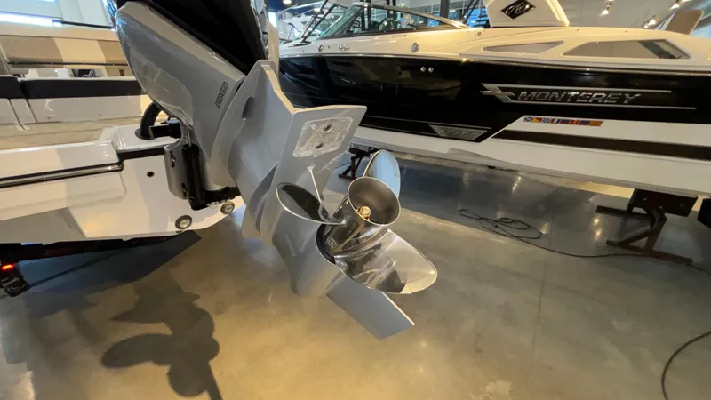 Slide: The Image of Close-up of a 2025 Monterey M65 boat propeller in a showroom. - 47