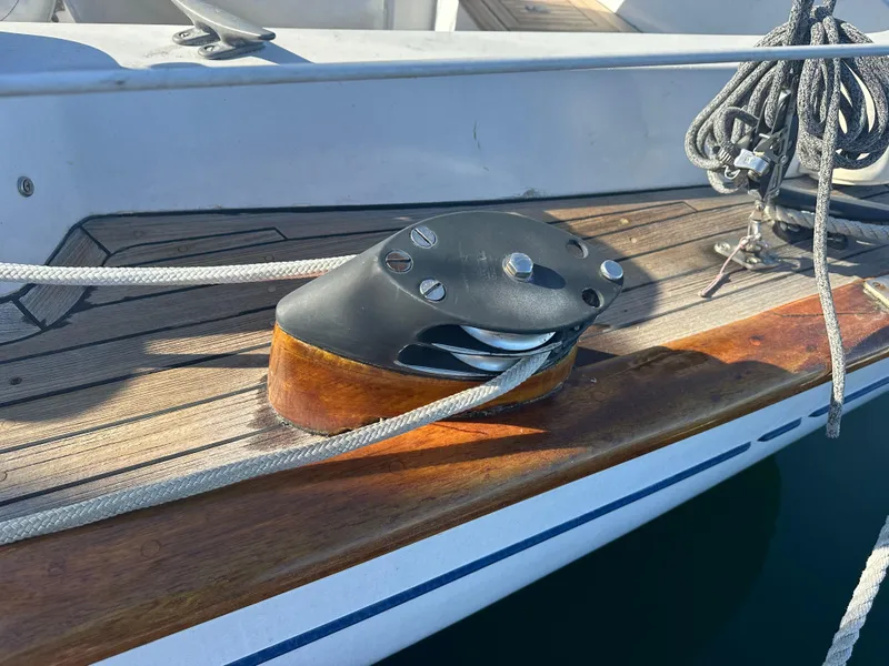 Slide: The Image of Deck of 1980 Skye 51 Ketch sailboat with rigging and pulley system. - 13