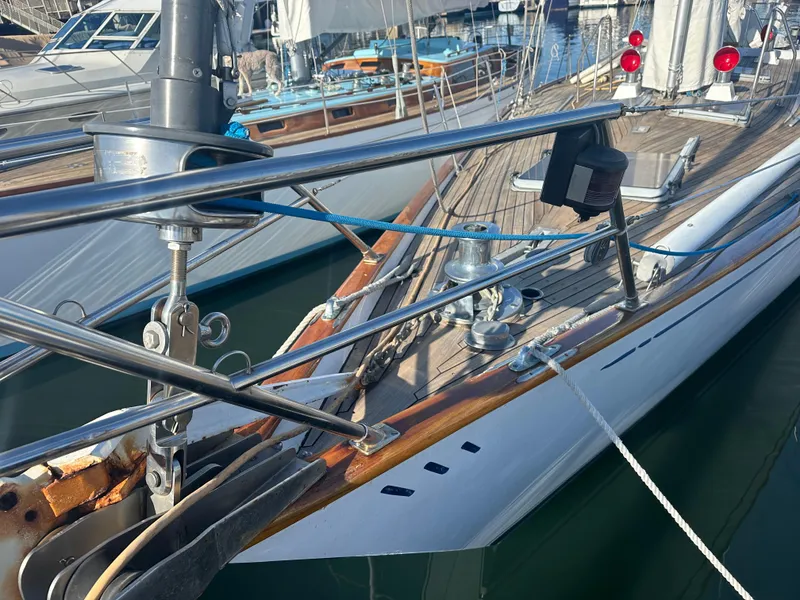 Slide: The Image of 1980 Skye 51 Ketch sailboat deck with rigging and winch details. - 5