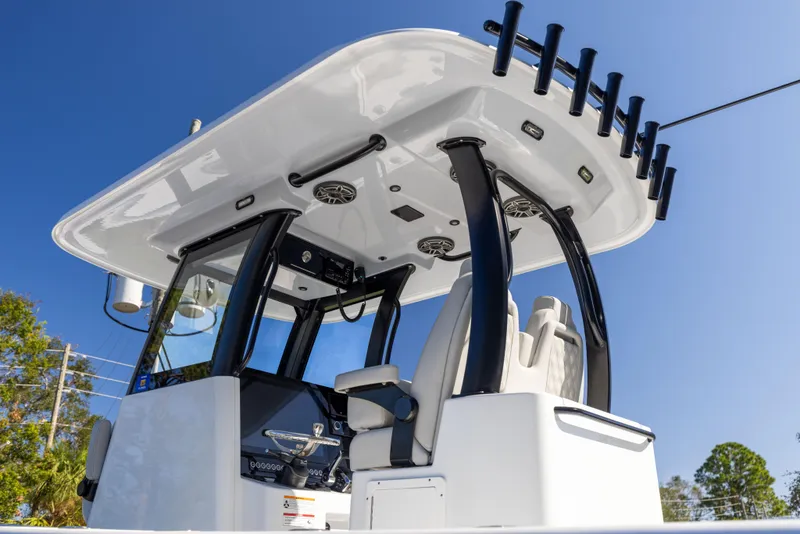 Slide: The Image of 2024 Freeman 28 boat with sleek design and modern features, viewed from below. - 3