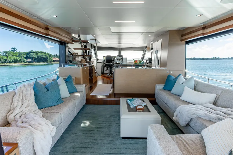 Slide: The Image of Luxurious interior of 2021 Ocean Alexander 70E Motoryacht with elegant seating and scenic ocean views. - 33