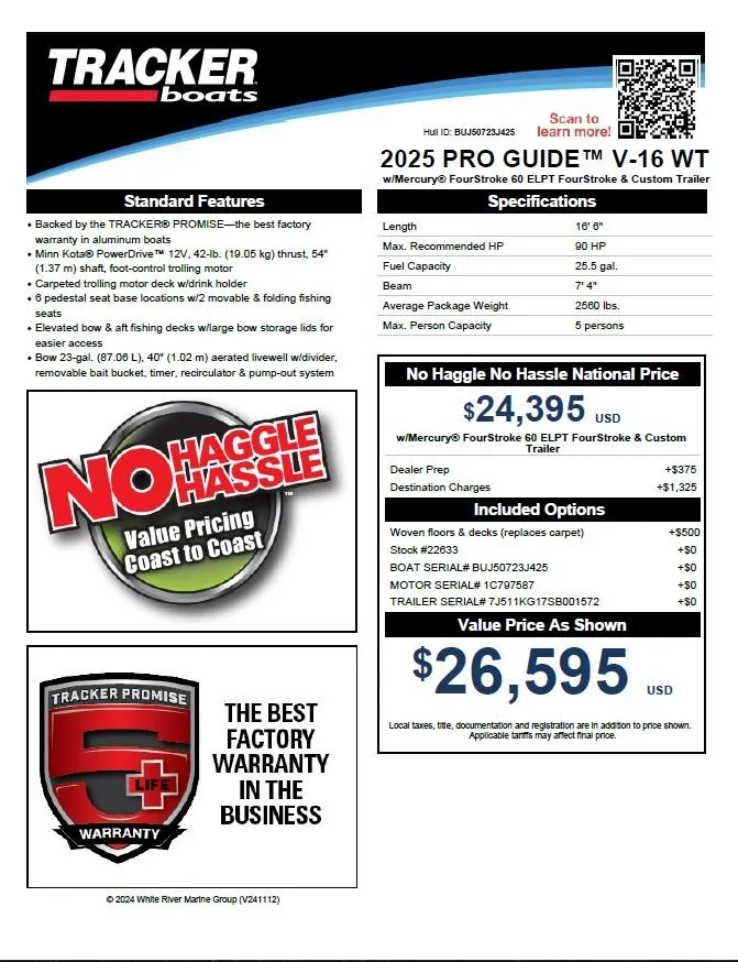 Slide: The Image of 2025 Tracker Pro Guide V-16 WT boat advertisement with specifications and pricing details. - 59