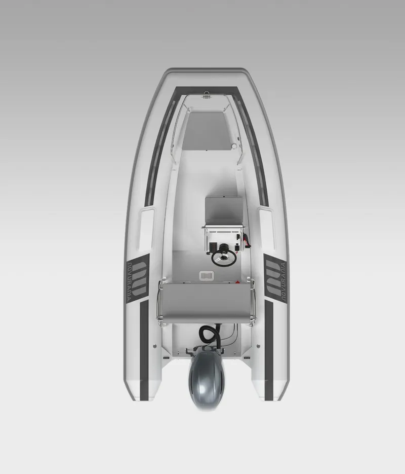 Slide: The Image of 2025 Novurania Deluxe 460 boat, top view, sleek design, modern features, gray and white color scheme. - 10
