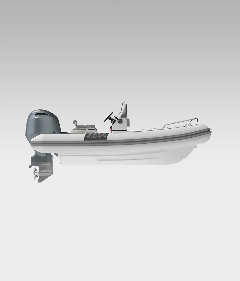 Slide: The Image of 2025 Novurania Deluxe 460 boat, side view, sleek design, outboard motor, gray background. - 8