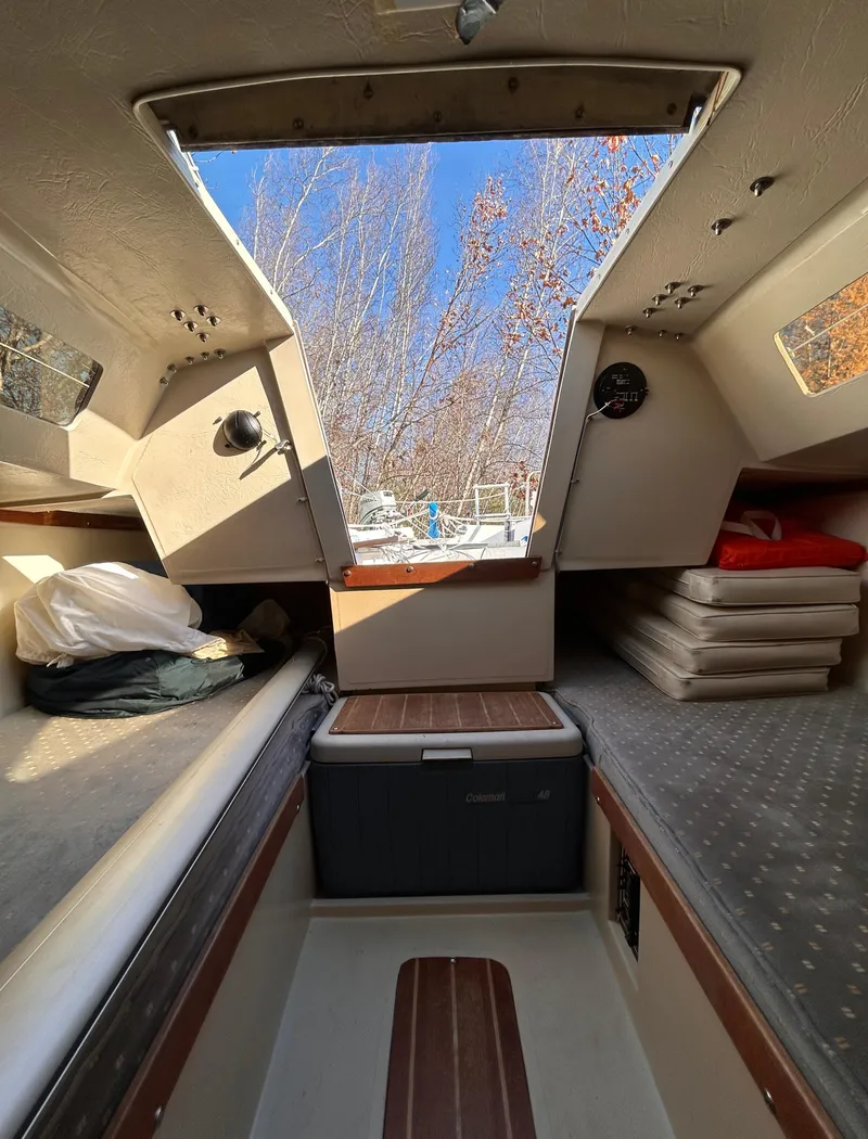 Slide: The Image of Interior of 1987 Catalina 22 Capri sailboat with cozy cabin and seating. - 39