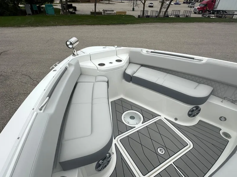 Slide: The Image of 2025 Sea Ray SLX 400 OB boat interior with sleek seating and modern design. - 8