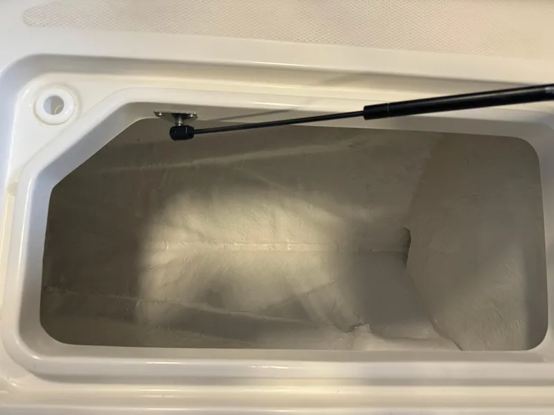 Slide: The Image of Storage compartment of 2025 Sea Ray SLX 350 boat, featuring hydraulic lift support. - 21