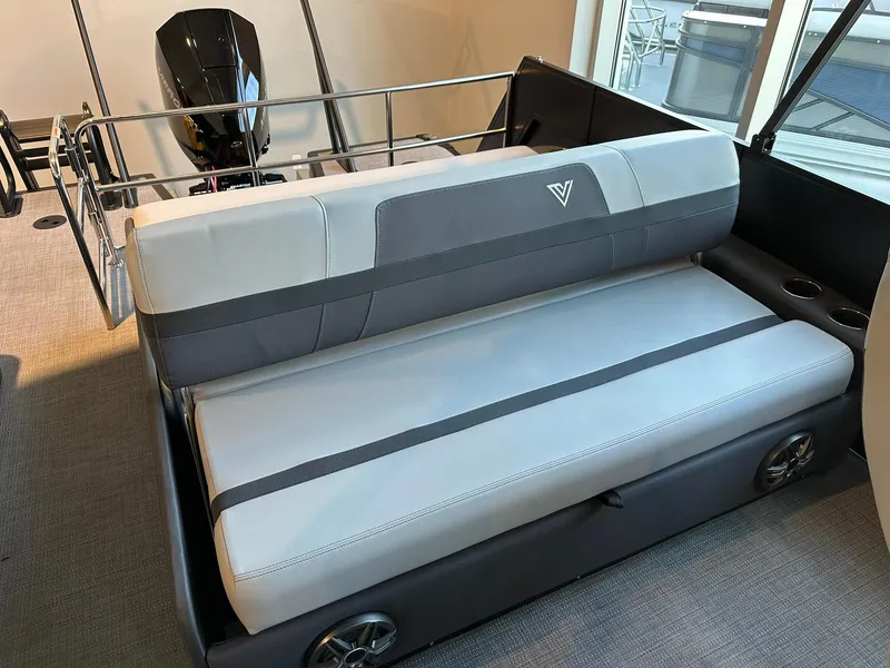 Slide: The Image of 2025 Viaggio Lago X-S boat interior with sleek seating and modern design. - 9
