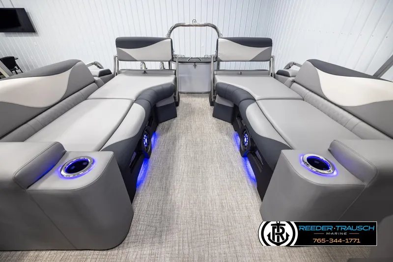 Slide: The Image of Luxurious 2025 Avalon LSZ QLS boat interior with LED cup holders and plush seating. - 15