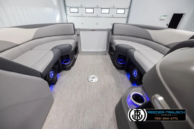 Slide: The Image of Luxurious 2025 Avalon LSZ QLS boat interior with LED lighting and plush seating. - 18